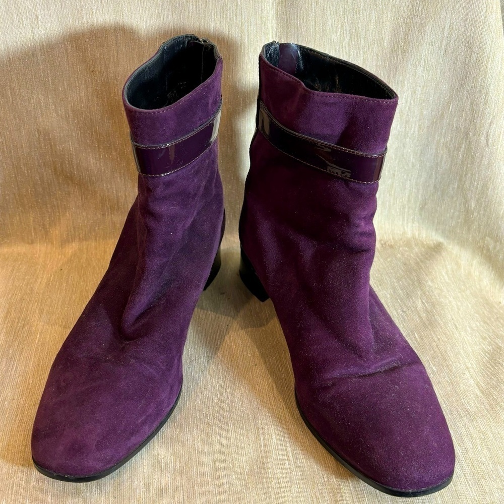 AQUATALIA Sz 9.5 Luanna Purple Suede Patent Leather Made in Italy Ankle Booties